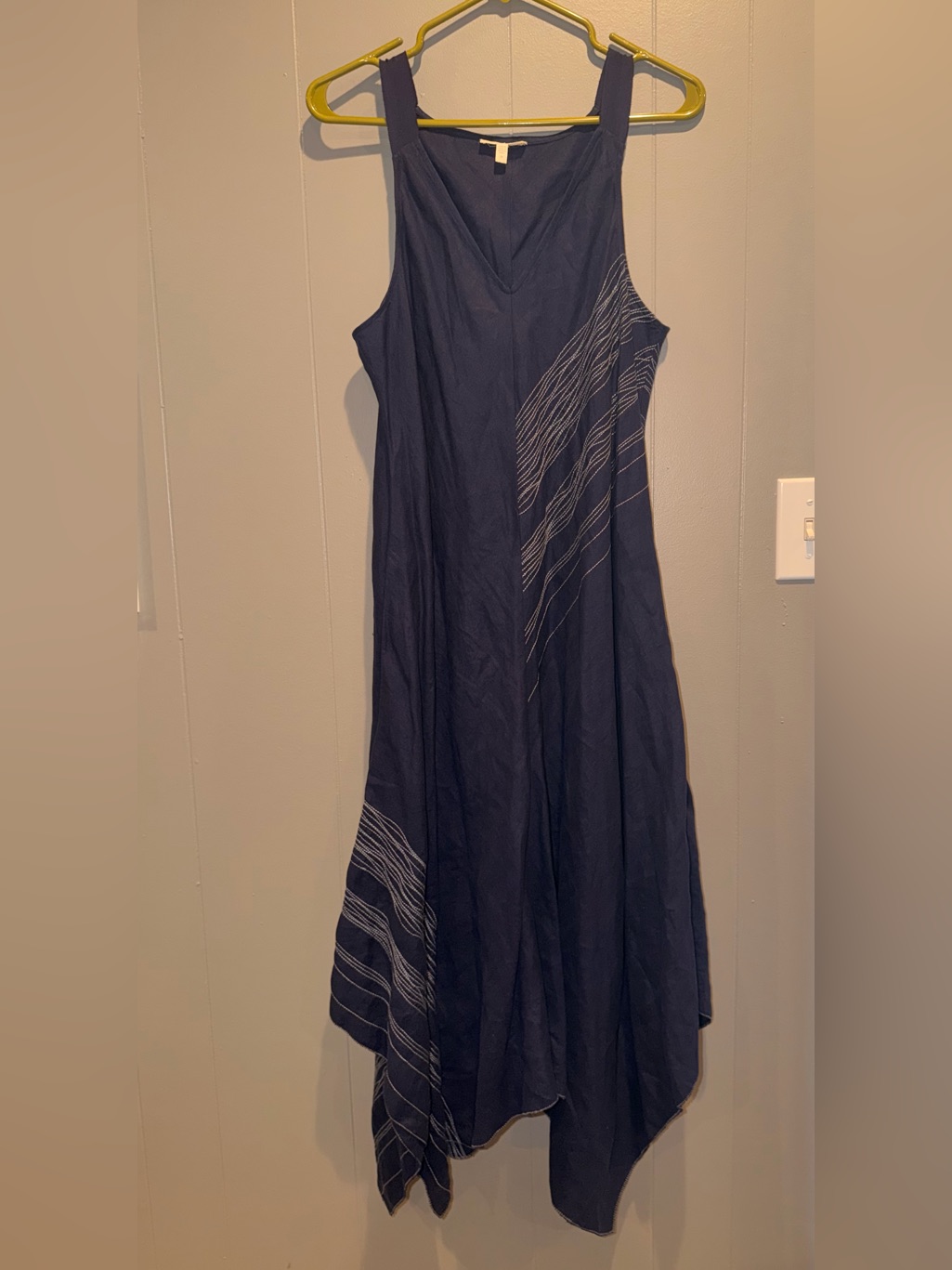 Eileen Fisher 100% Irish Linen Asymmetric Handkerchief Hem Dress - Navy Blue
